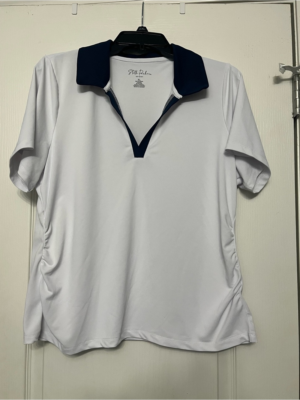 White Button-Down Polo Top with Navy Collar by Stella Parker Sport
